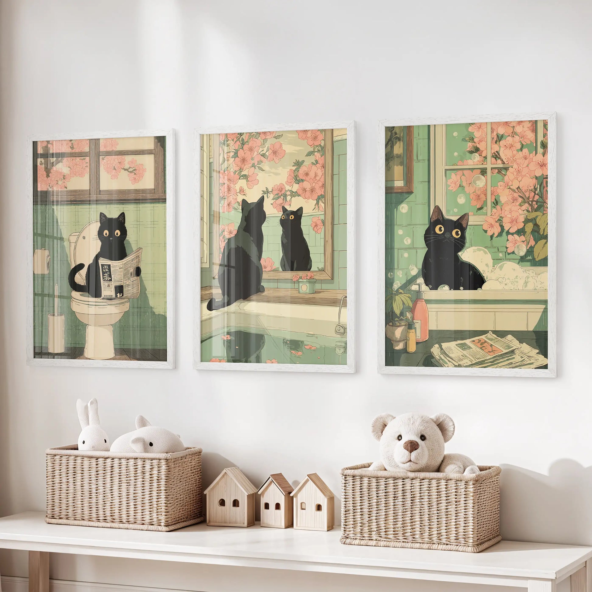 A white-framed trio of cat-themed bathroom prints enlivens the playroom wall above the toy bench, featuring a black cat at his newspaper.