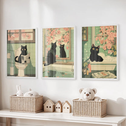 A white-framed trio of cat-themed bathroom prints enlivens the playroom wall above the toy bench, featuring a black cat at his newspaper.