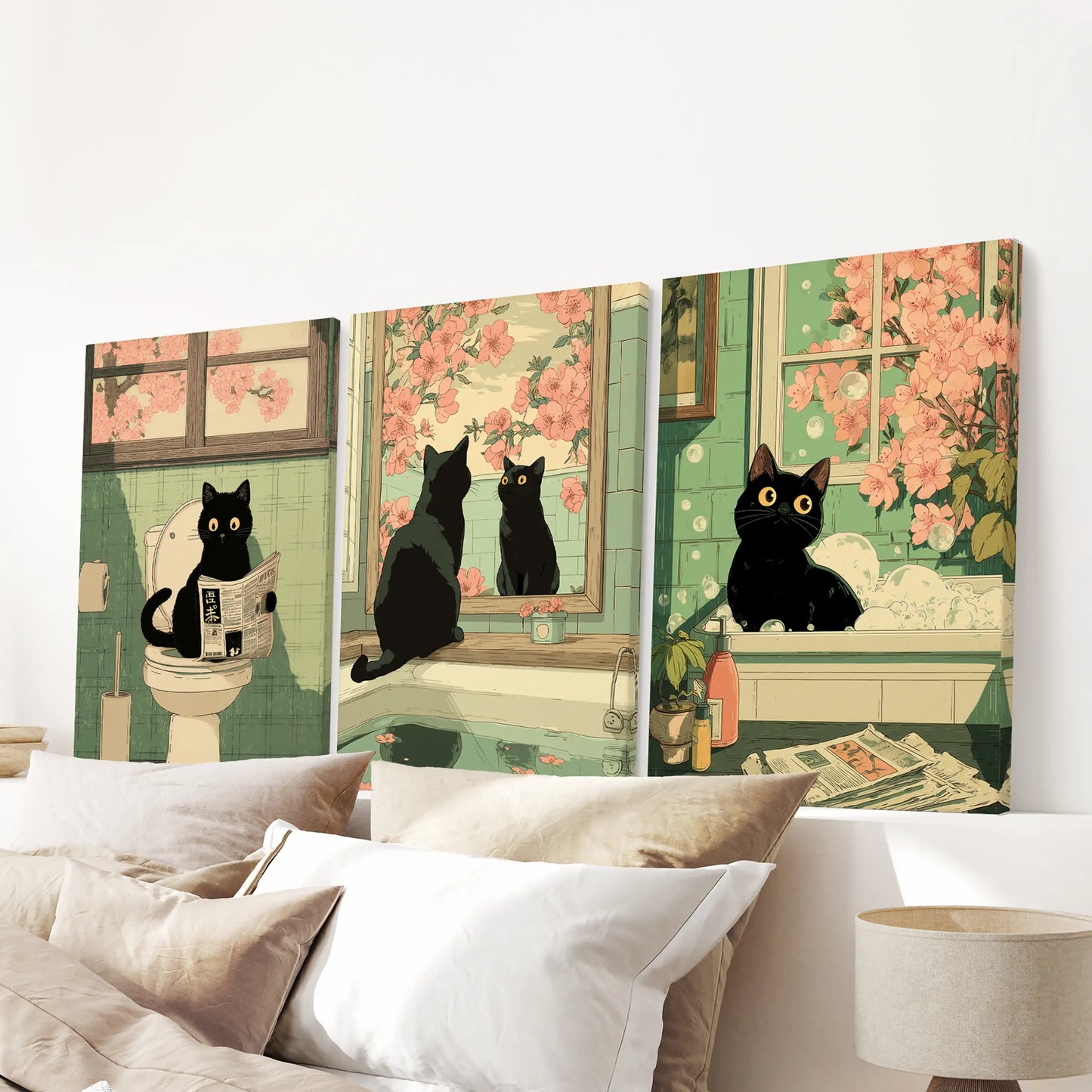 Japanese black cat reading the newspaper canvas wall art, poster set of three, stretched canvases mounted above the headboard in the bedroom.