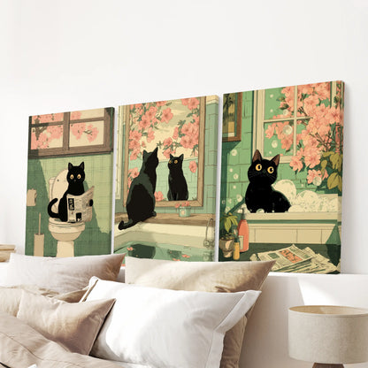 Japanese black cat reading the newspaper canvas wall art, poster set of three, stretched canvases mounted above the headboard in the bedroom.