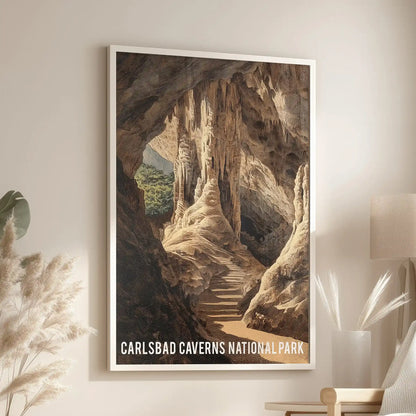 A single white-framed wall print of stalactites and stalagmites sits above the lounge chair, recording the underground drama of the caverns.