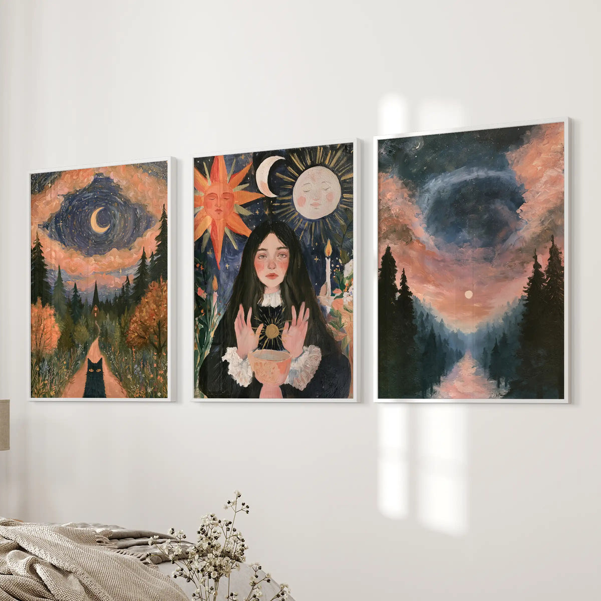 Celestial moon-and-sun 3-piece poster set in white frames settles near the bedroom’s bed wall, lending airy light and mystic balance.