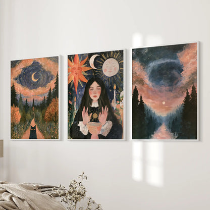 Celestial moon-and-sun 3-piece poster set in white frames settles near the bedroom’s bed wall, lending airy light and mystic balance.