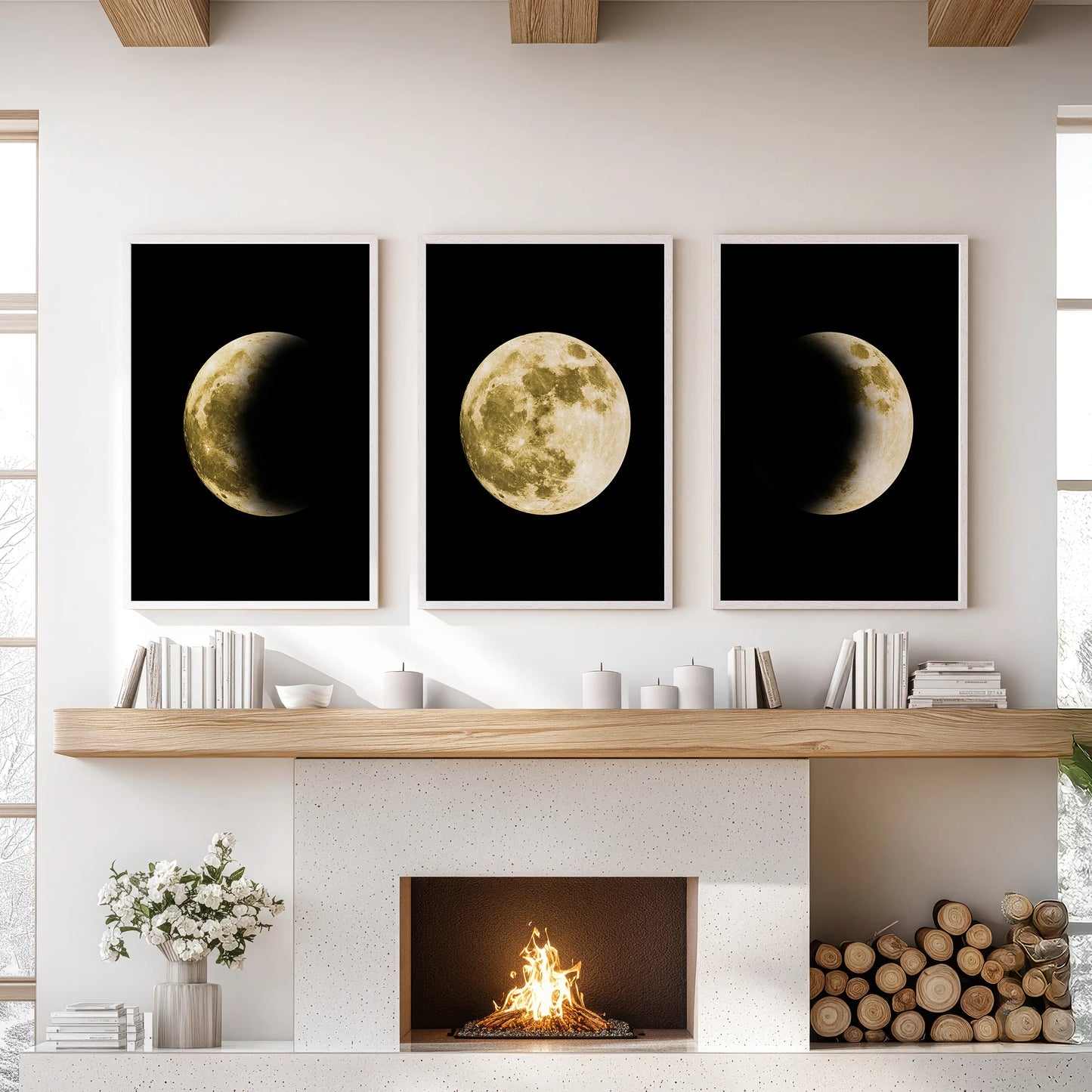 A white-framed moon triptych crowns the lounge mantel, its three celestial prints giving the wall a radiant, modern accent.