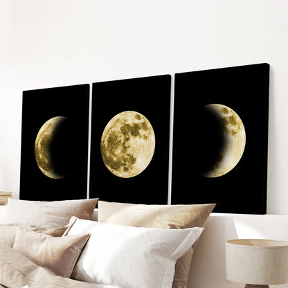 A gold moon phase triptych printed on gallery-wrapped canvas hangs above the headboard, bringing a tranquil celestial center to the bedroom.