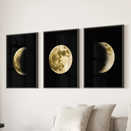 Lunar cycle from half to full moon, a 3-piece wall art set in black frames, floats above the sectional in the lounge for a calm celestial accent.