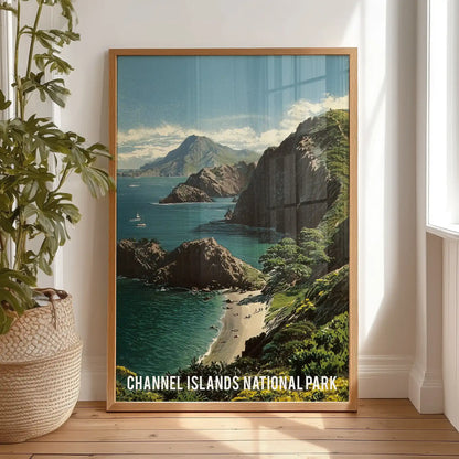 Channel Islands National Park coastline standalone wall artwork in a natural oak frame, leaning against the bedroom wall, bringing soft ocean light to the room.