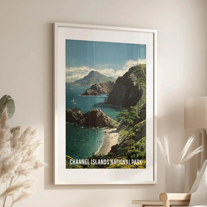 An individual wall print of green coastal cliffs, framed in white matting, hangs above a living-room lounge seat with windswept sea bluffs.