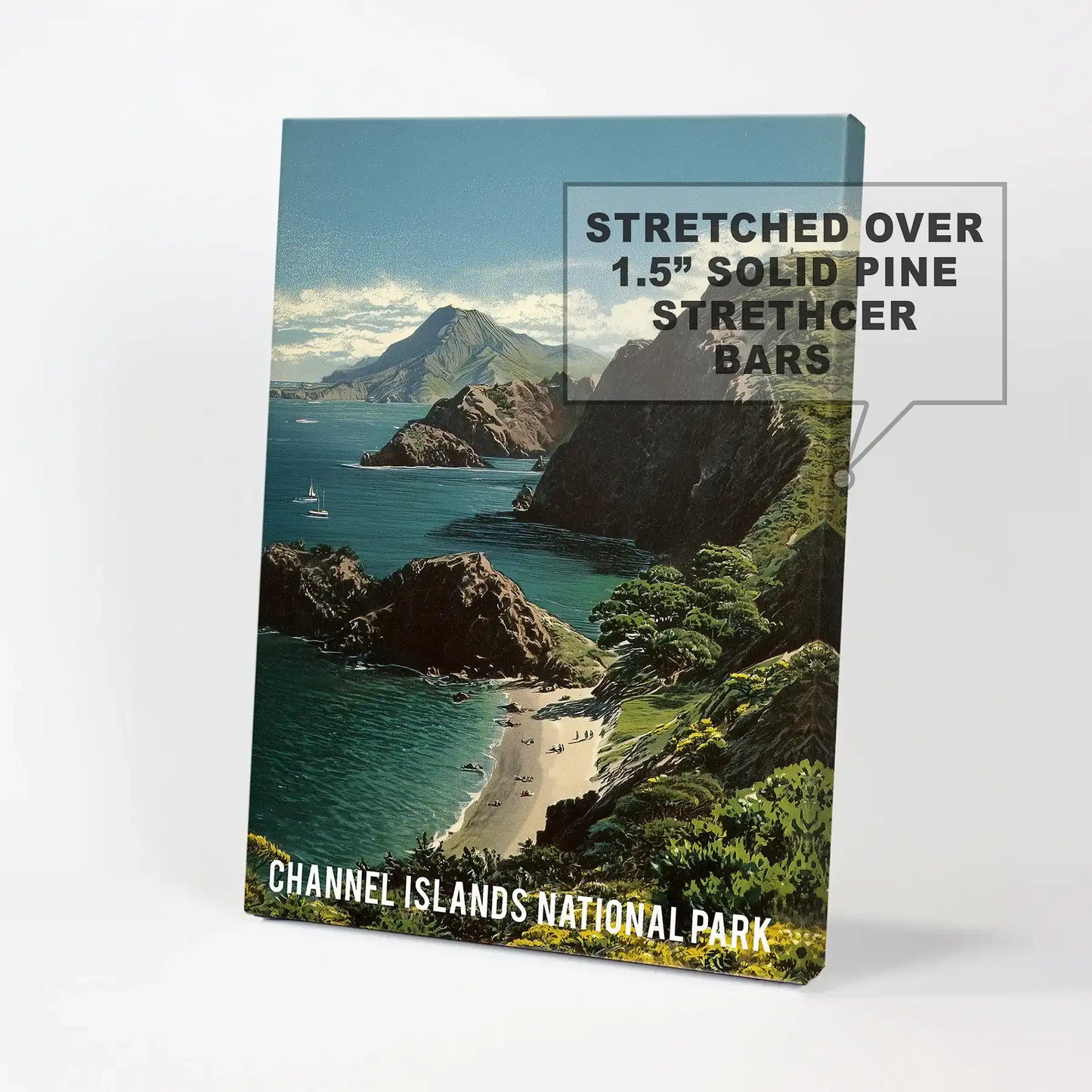 Gallery-wrapped canvas wall art shows coastal hiking bluffs and emerald slopes, its frameless edges emphasizing the sweeping Channel Islands view.