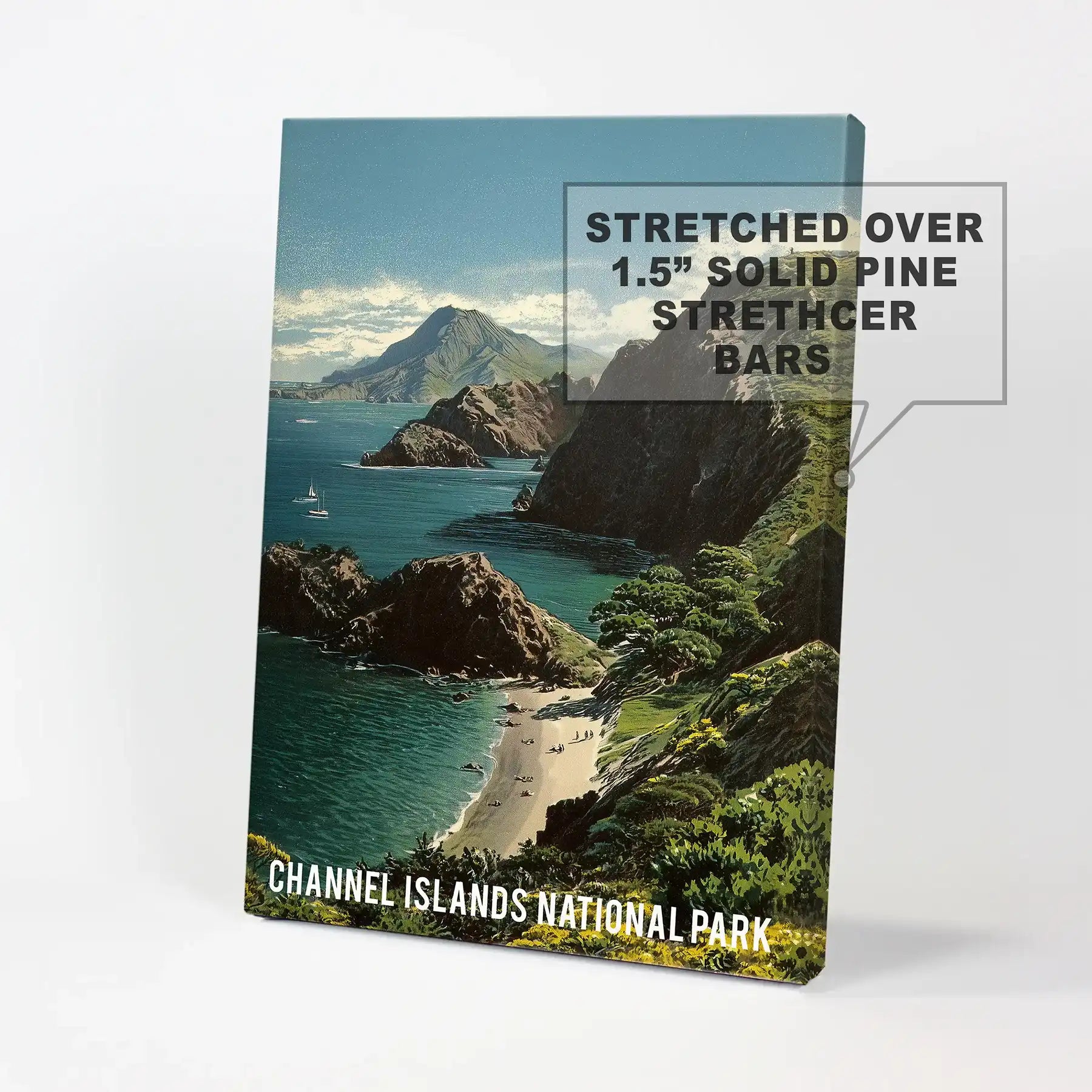 Gallery-wrapped canvas wall art shows coastal hiking bluffs and emerald slopes, its frameless edges emphasizing the sweeping Channel Islands view.