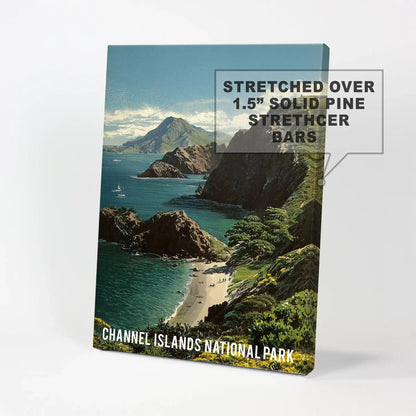 Gallery-wrapped canvas wall art shows coastal hiking bluffs and emerald slopes, its frameless edges emphasizing the sweeping Channel Islands view.
