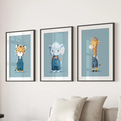 Three jungle animal art posters with black mats and frames bring soft blue color to the family room wall above the couch.
