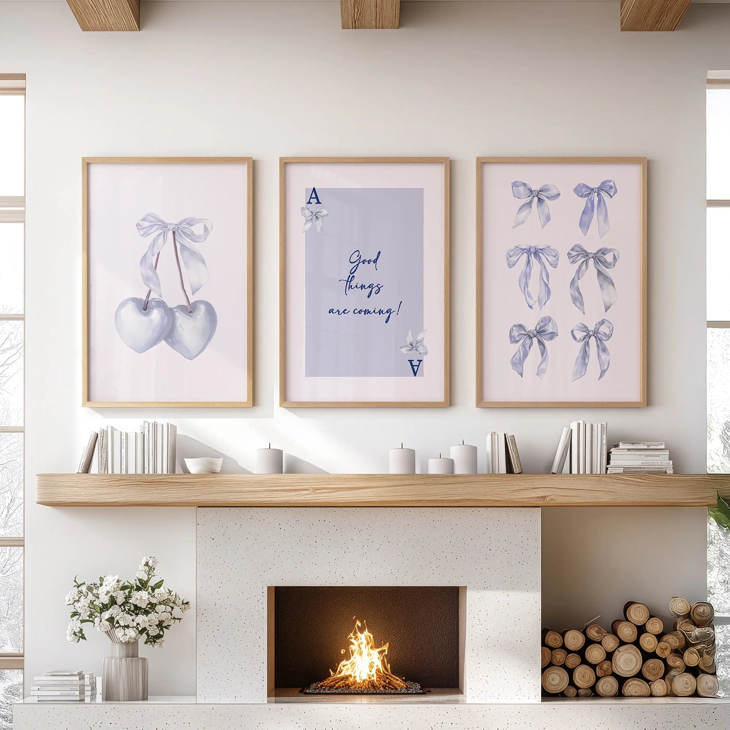 Blue cherry illustrations, print trio, warm up the lounge in oak frames above the mantel, pairing pastel blues with wood tones for a soft, modern lift.