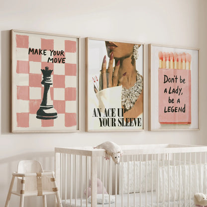 Pink matchbox three-piece gallery wall set in light oak frames, displayed over the crib in a nursery.