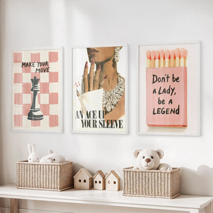 Pink matchbox wall art set of three in white frames, arranged above a toy storage bench in a kids room.