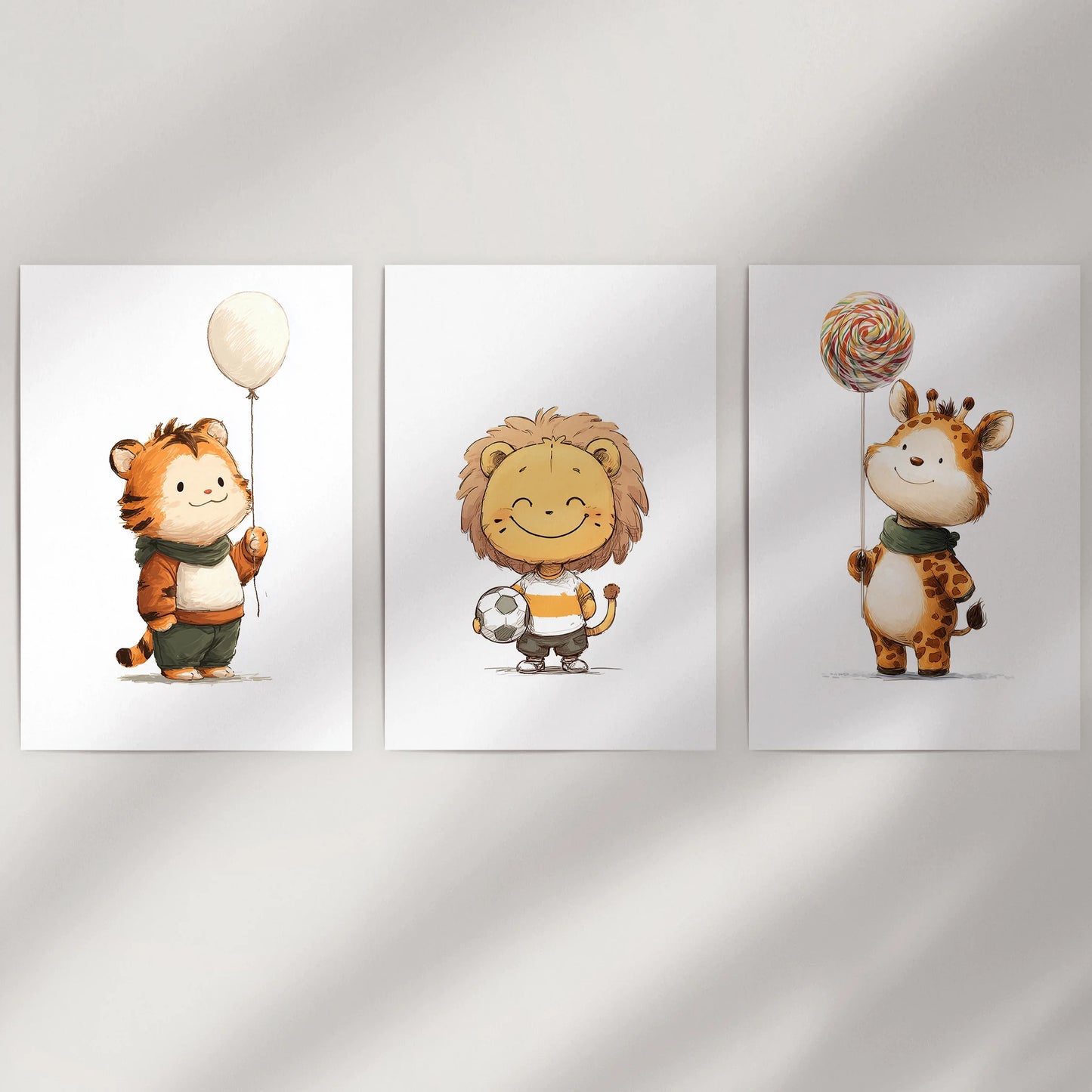 Lion cub, tiger cub, and giraffe calf set of three wall prints ship rolled in a tube, ready to hang on a clean wall once framed or mounted.
