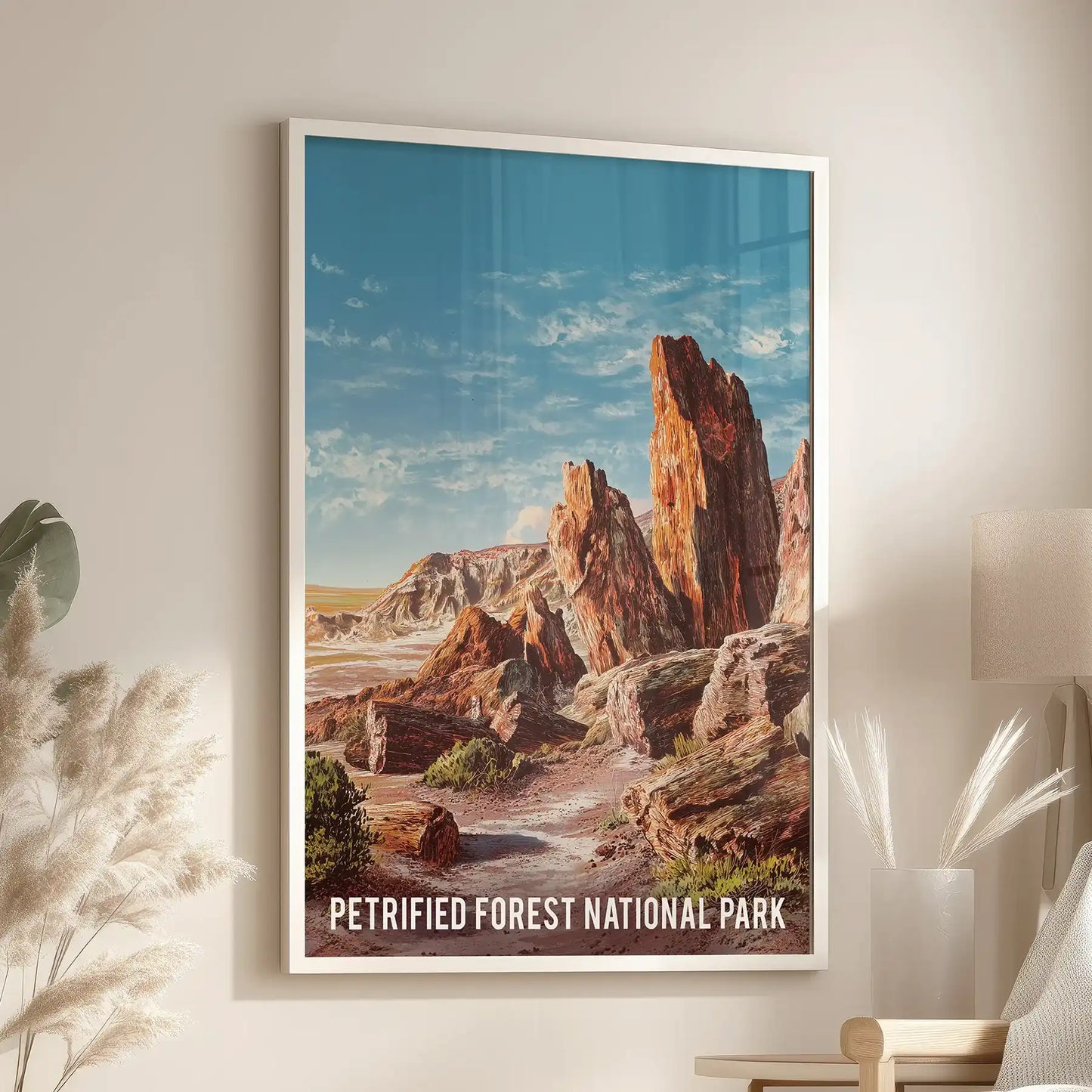 Southwestern desert landscape one-panel wall art print in a white frame rests near the reading chair in the sitting room, grounding the nook.
