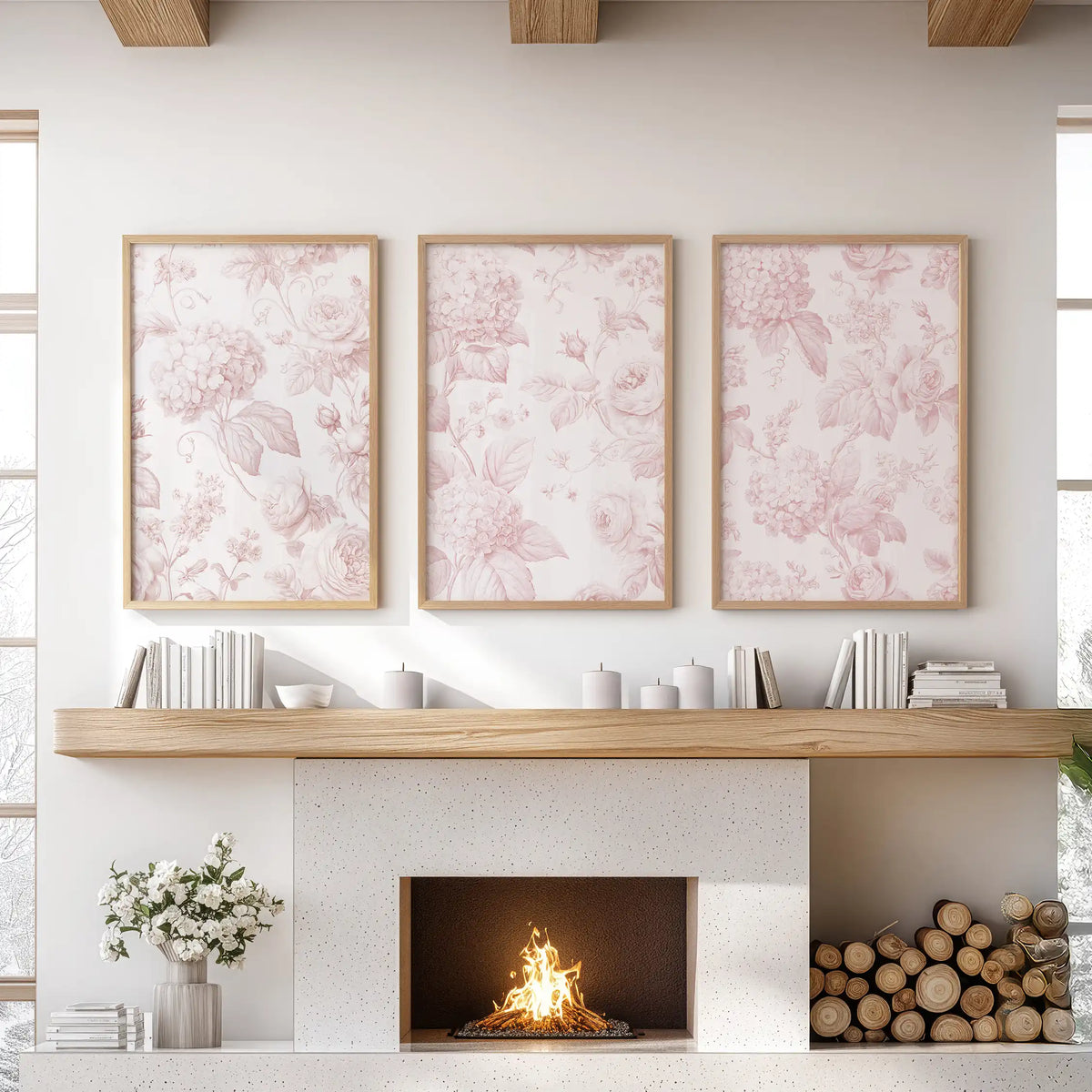 Three oak frames hold prints of rose blooms and rounded flower clusters in pale pink above a fireplace.