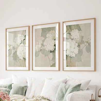 Three-piece gallery wall of vintage garden botanicals in thin matted wood frames, hanging over a sectional sofa in the living room.