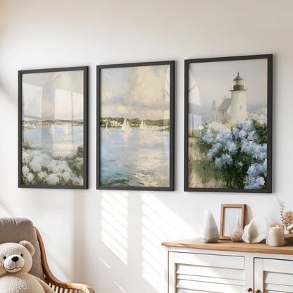 A trio of wall art prints with blue and white hydrangeas sits in black frames, adding a soft coastal touch above the dresser in a kids room.