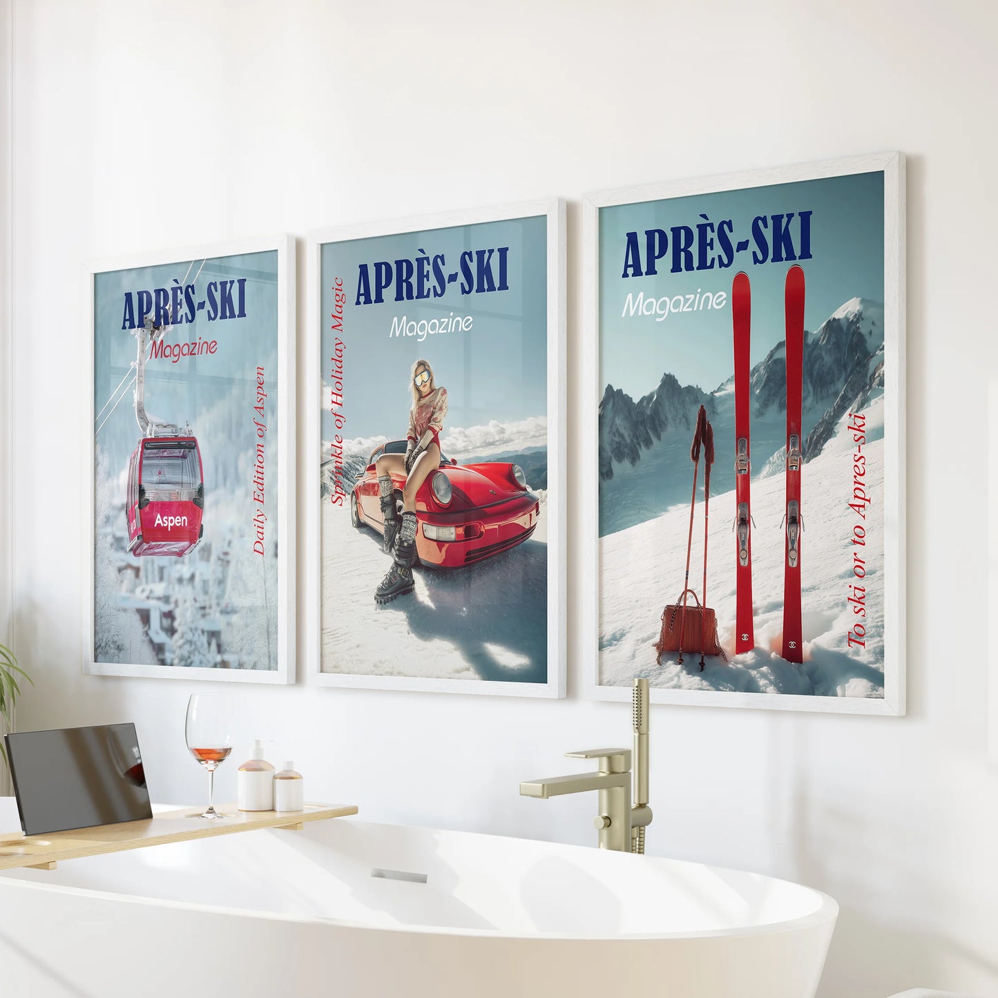 Retro skier illustrations, a white-framed triptych, bring playful wall art over the bathtub, adding crisp lines and cool alpine hues to the bathroom.