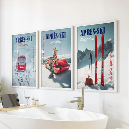 Retro skier illustrations, a white-framed triptych, bring playful wall art over the bathtub, adding crisp lines and cool alpine hues to the bathroom.