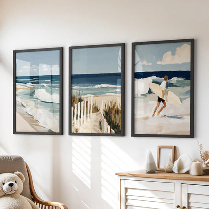 Seaside cottage wall art, 3 wall art set, settles the children's room in calm coastal tones with black frames, styled above the chest of drawers.