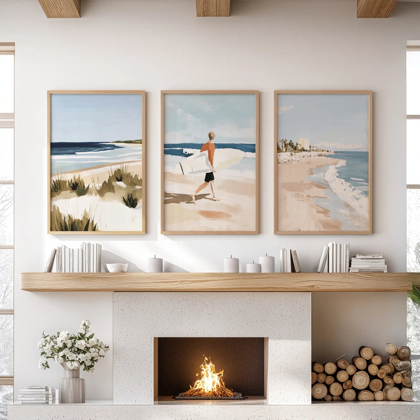Oak-framed wall art featuring ocean waves, three pieces total, anchors the lounge mantel with sunlit blues and rolling motion.