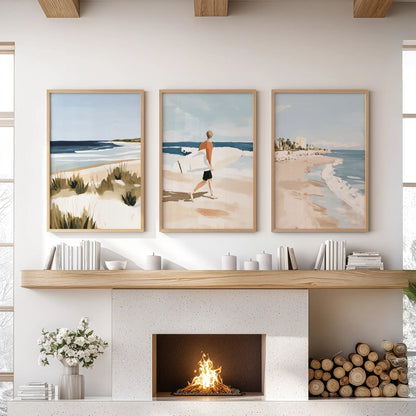 Oak-framed wall art featuring ocean waves, three pieces total, anchors the lounge mantel with sunlit blues and rolling motion.