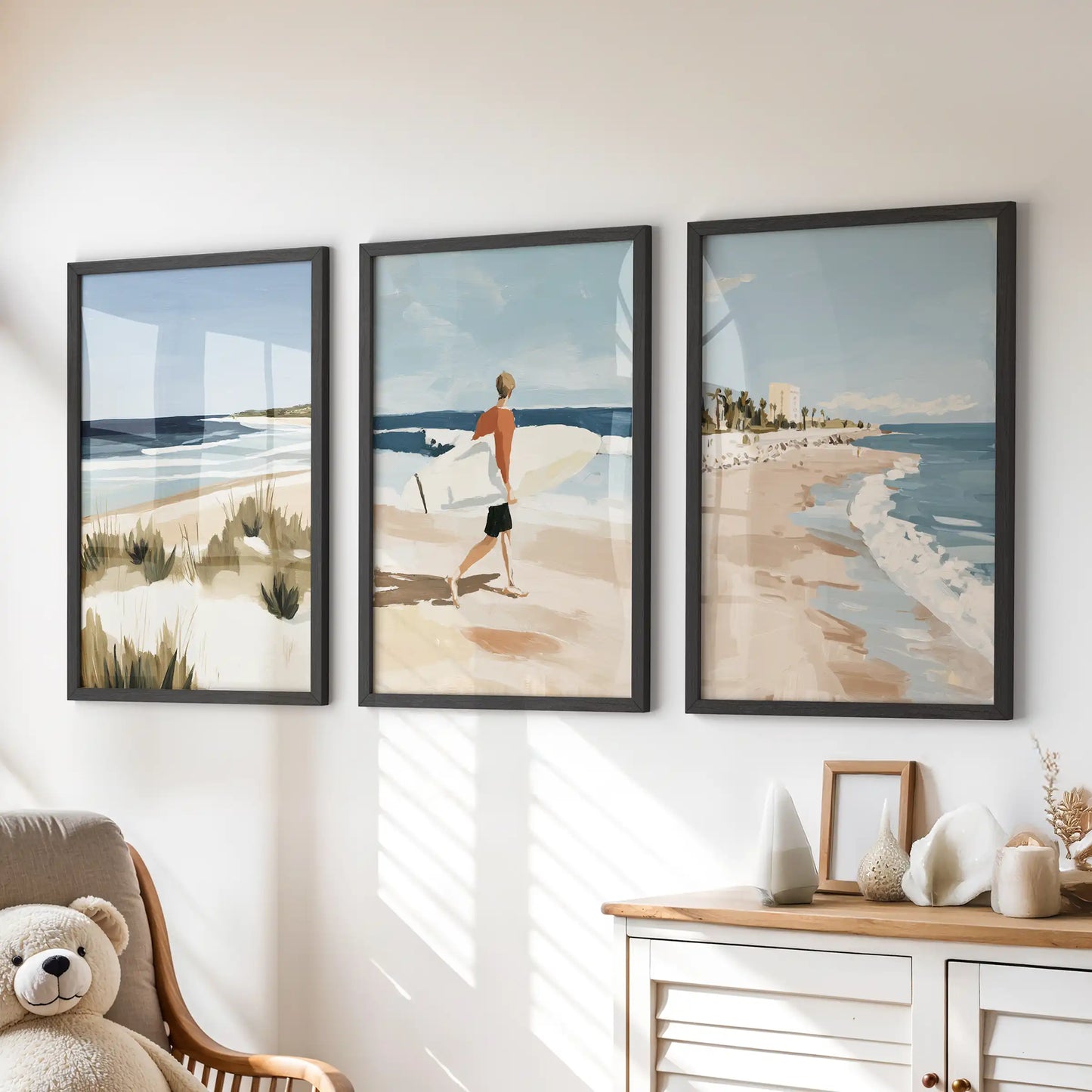 Three black-framed coastal beach prints brighten the kids’ playroom, hanging neatly above the dresser with a hint of surf fun.