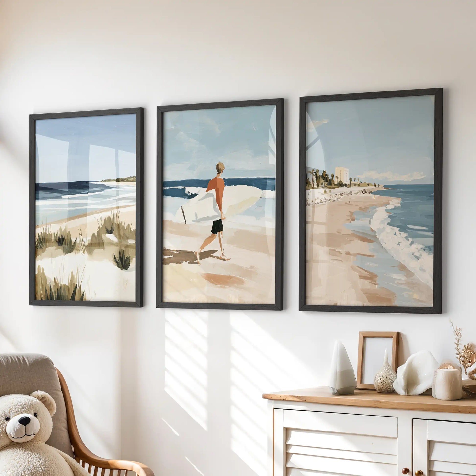Three black-framed coastal beach prints brighten the kids’ playroom, hanging neatly above the dresser with a hint of surf fun.