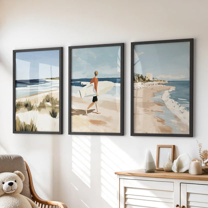 Three black-framed coastal beach prints brighten the kids’ playroom, hanging neatly above the dresser with a hint of surf fun.