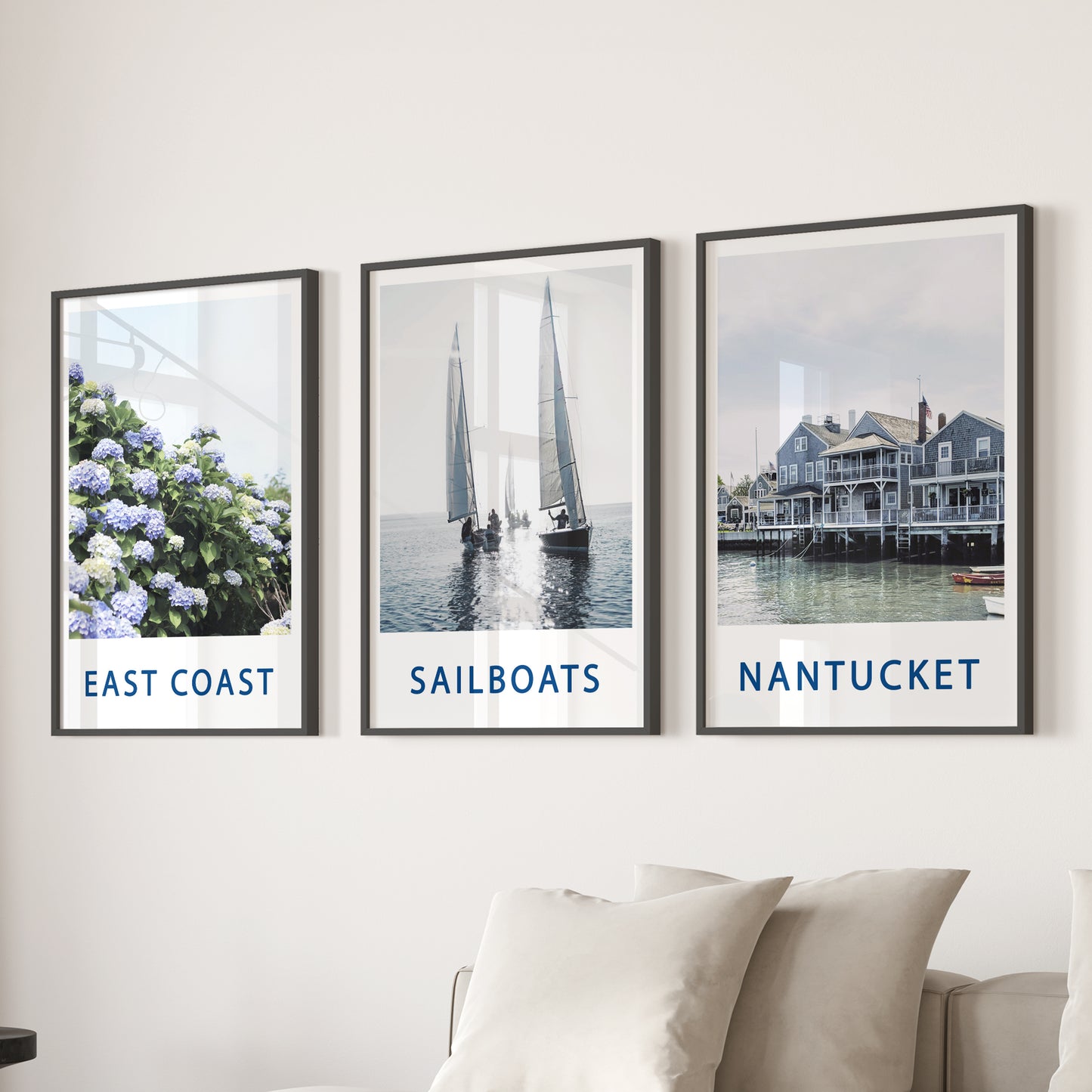 Nantucket Art Set of 3. Blue Hydrangeas, Classic Sailboats Prints