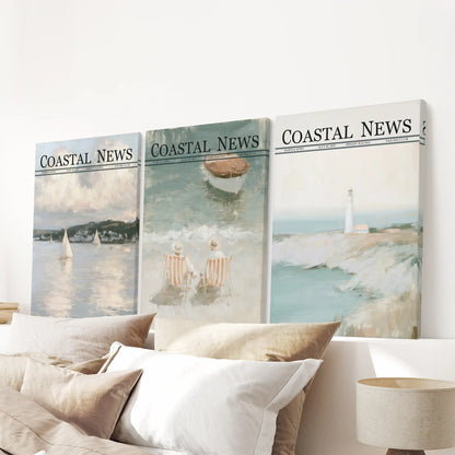 Set of three gallery-wrapped wall posters depicting coastal landscapes, displayed above a bedroom headboard.