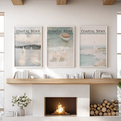 Painterly beach scenes form a set of three wall art prints in white frames, arranged above the fireplace mantel in a lounge.