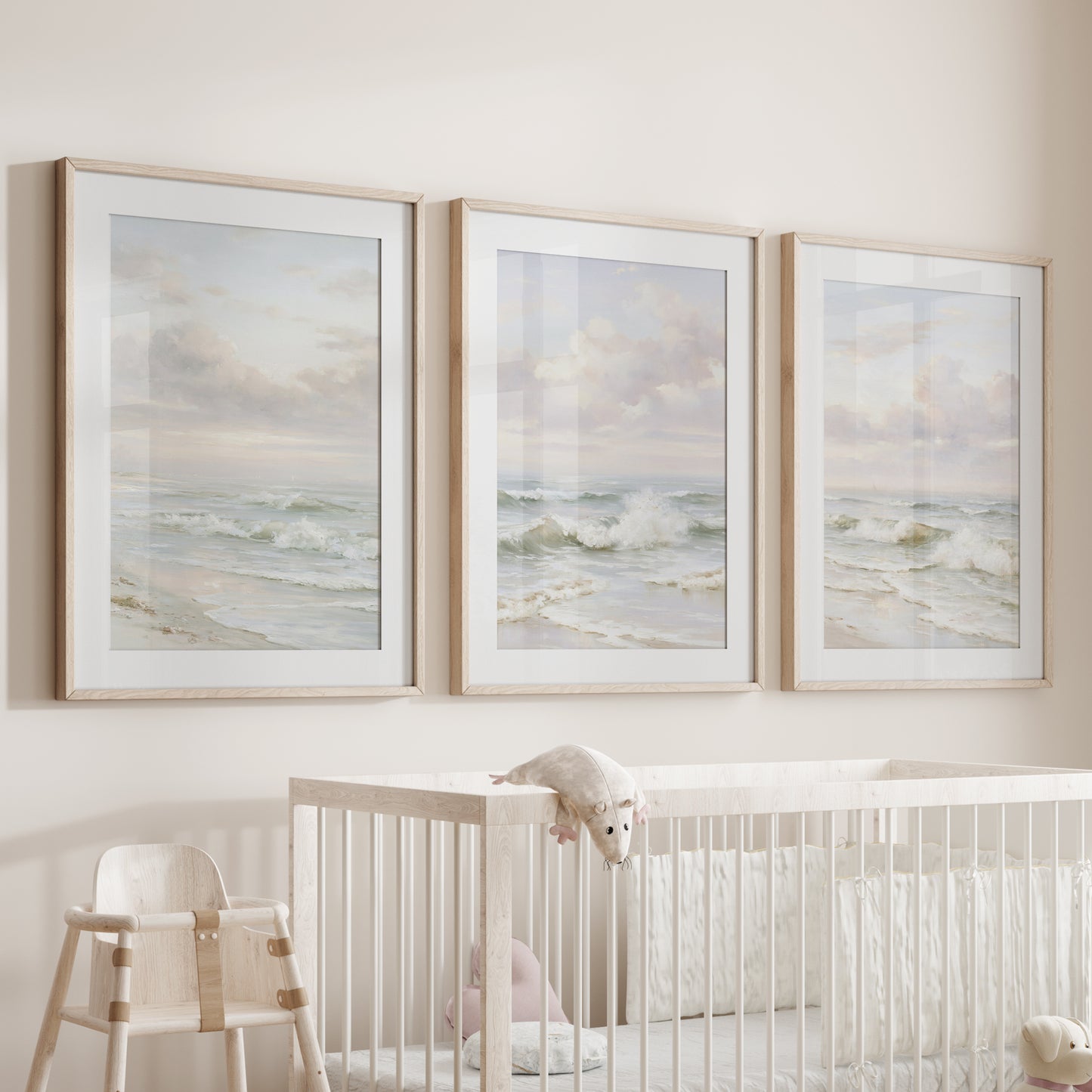 Beach Seascape 3 Piece Wall Art. Soft Waves, Cloudy Sky Prints