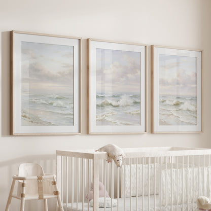 Beach Seascape 3 Piece Wall Art. Soft Waves, Cloudy Sky Prints