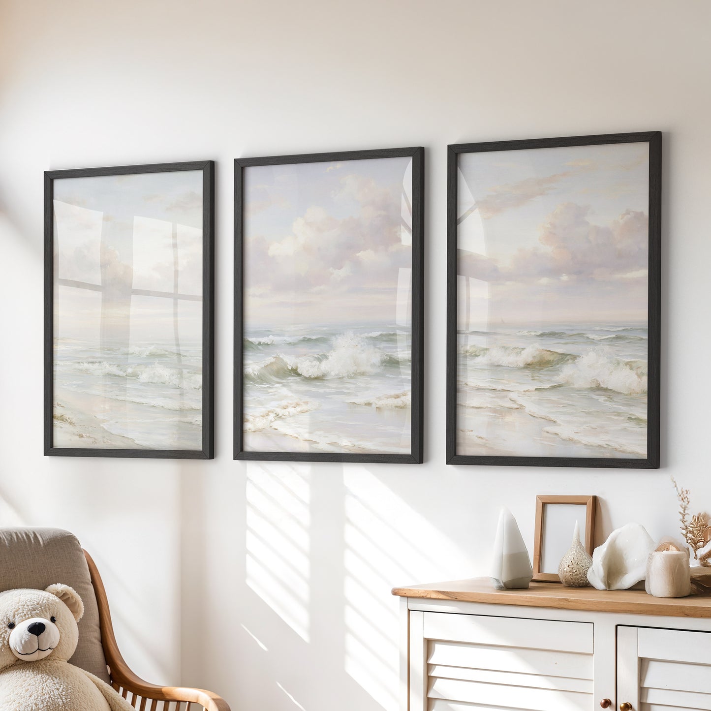 Beach Seascape 3 Piece Wall Art. Soft Waves, Cloudy Sky Prints