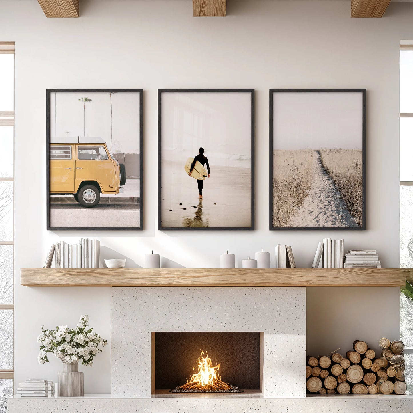 Coastal path and dunes wall art trio set, hung above the mantle in black framed prints, brings breezy shoreline calm to a relaxed lounge.
