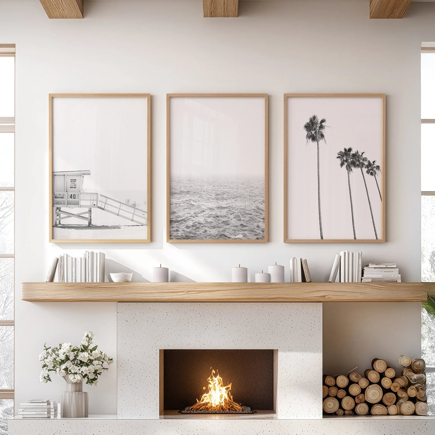 California palm trees, a three-piece wall art set in natural wood frames, crown the living room and sit neatly over the mantel for breezy balance.