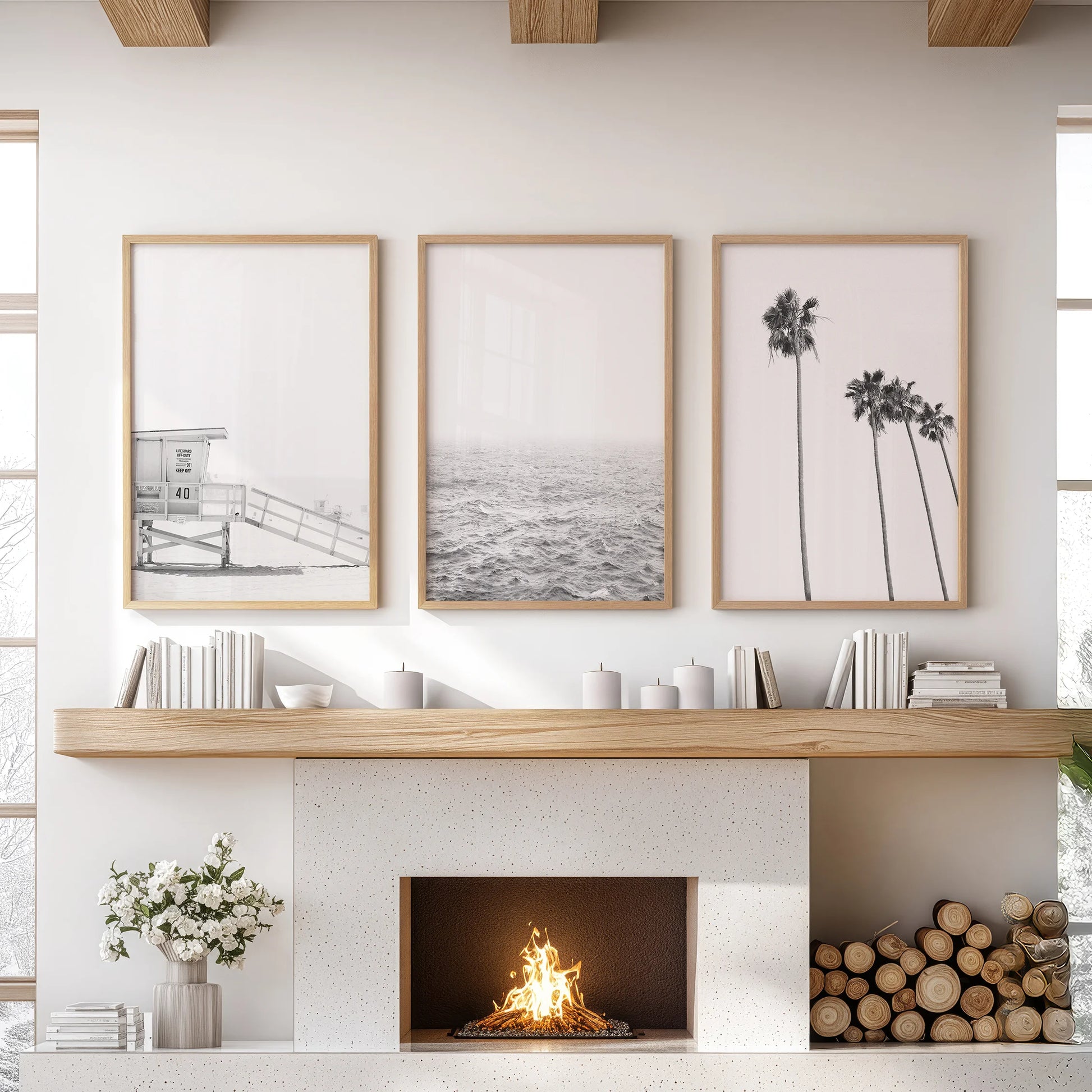 California palm trees, a three-piece wall art set in natural wood frames, crown the living room and sit neatly over the mantel for breezy balance.