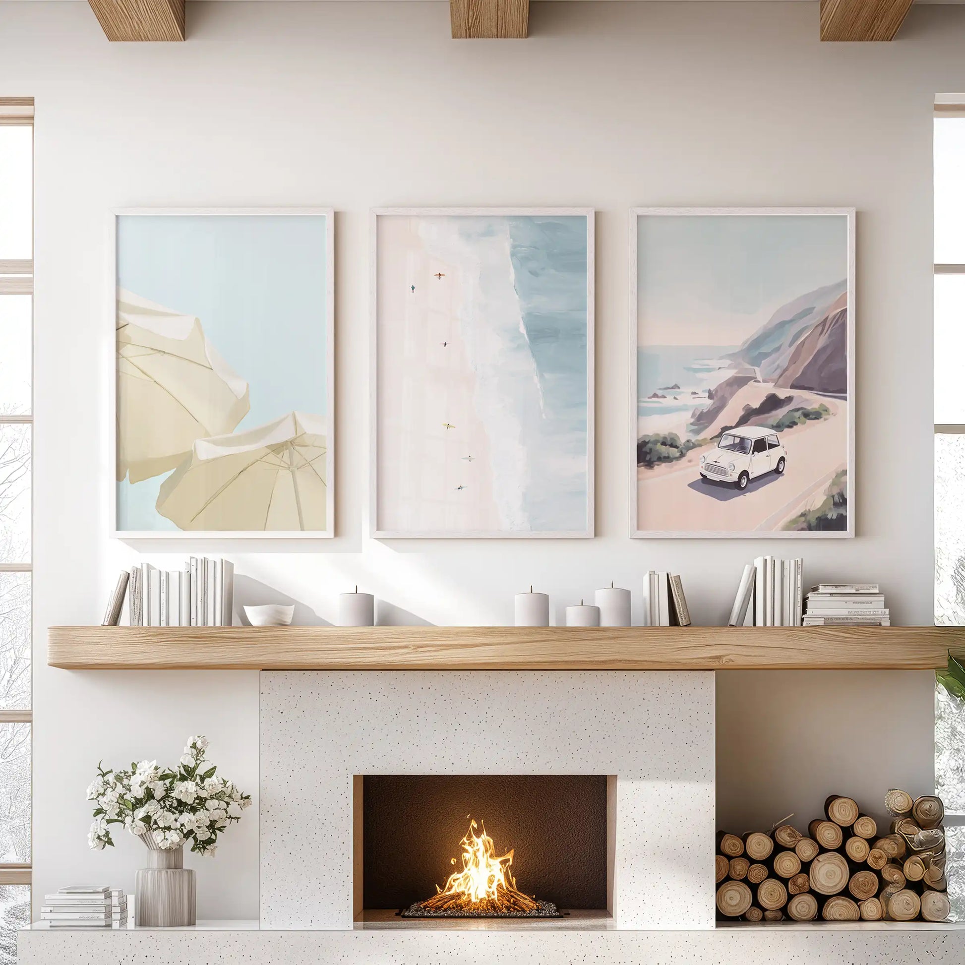 Summer beach lifestyle wall art, a three-piece set in white frames, warms the family room when arranged above the hearth.