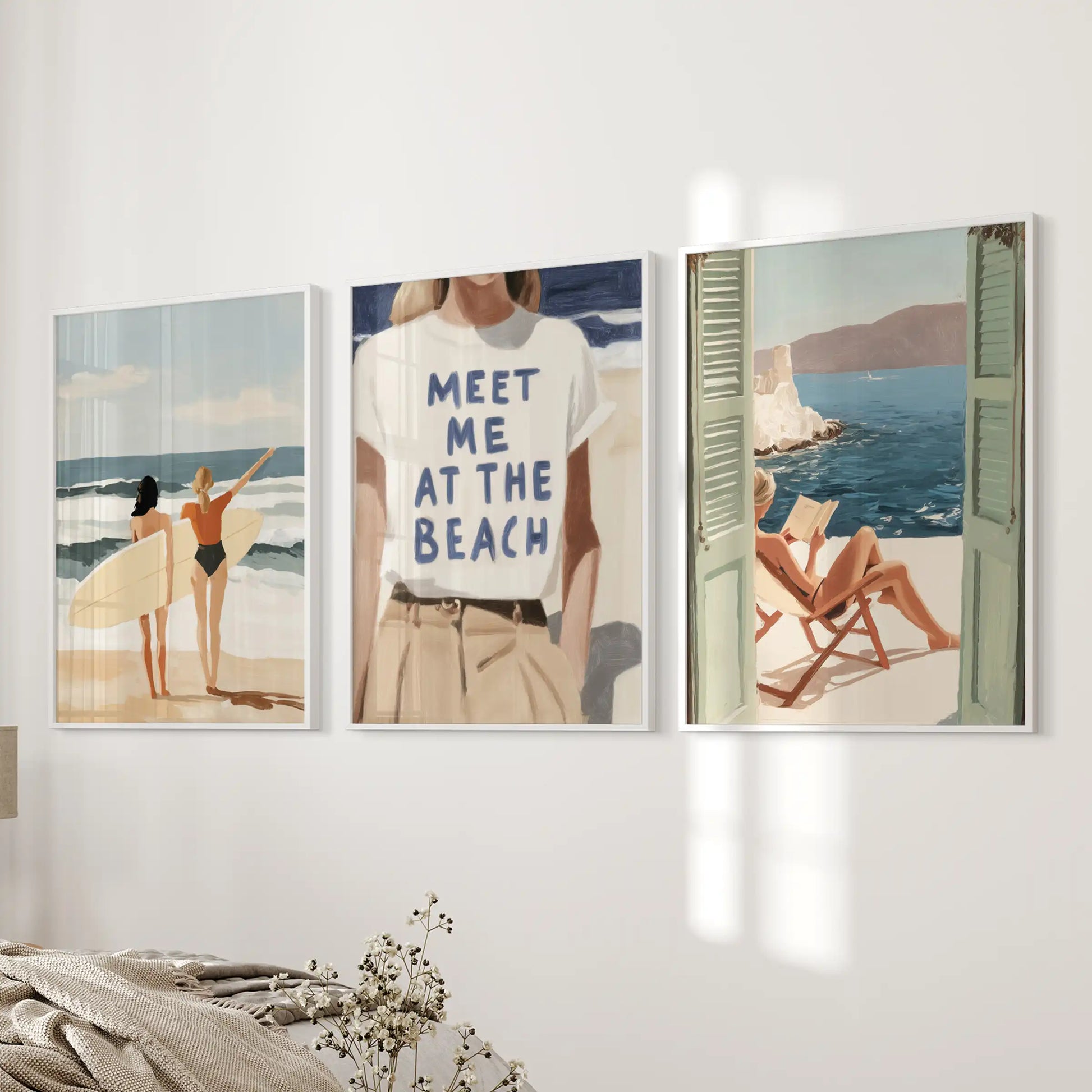 Seaside umbrellas and loungers, 3 prints wall art for the bedroom in a white frame trio, installed near the bed wall to echo sun-washed, vacation ease.