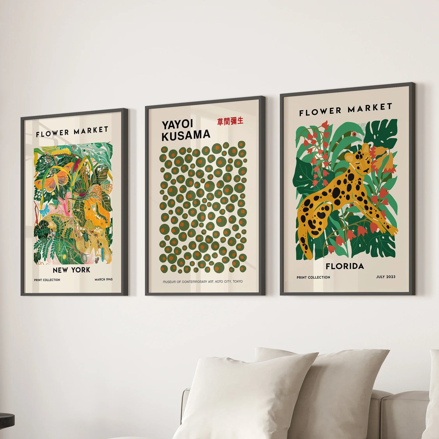 Florida abstract art prints, a 3-piece wall set, energize the sitting room over the sectional sofa in slim black frames with a sunny, coastal vibe.