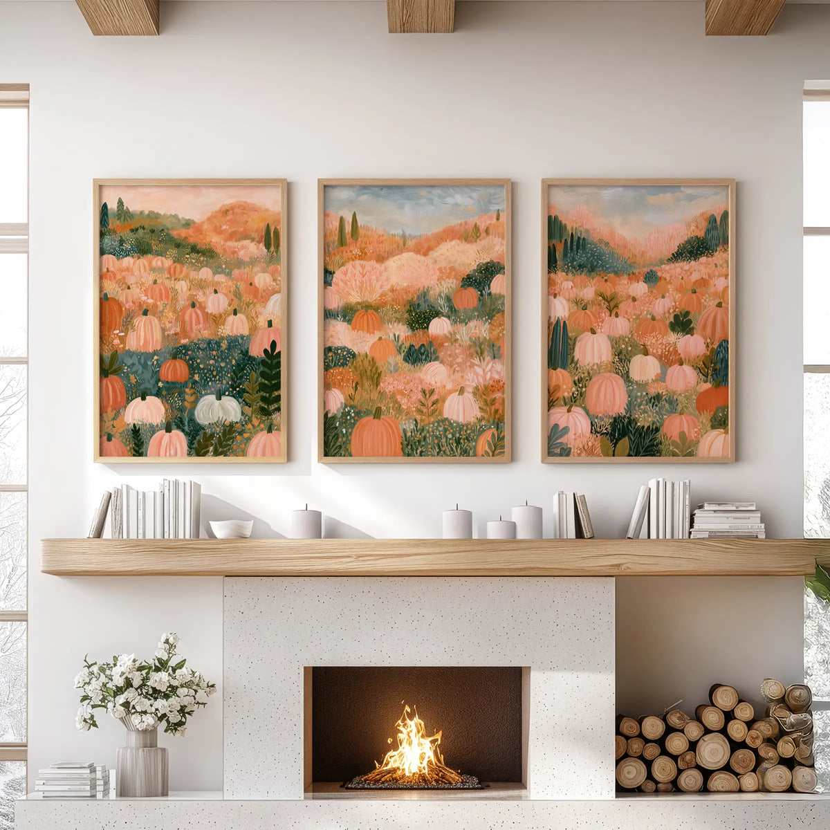 A three-piece art set captures an autumn meadow landscape in warm wooden frames, bringing misty color and cottage calm above the sitting-room mantelpiece.
