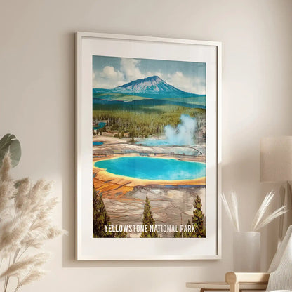 A white-framed geothermal springs poster with a wide mat brightens the lounge wall above a window-side chair, glowing with mineral color and steam.