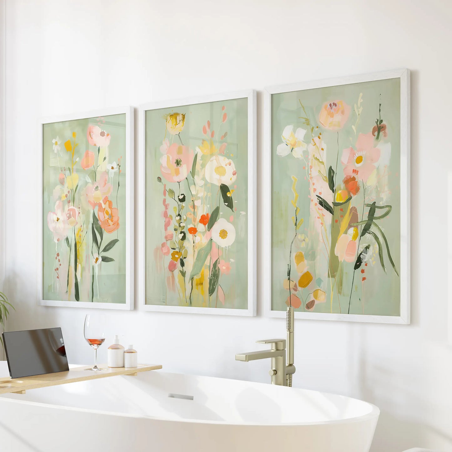 Three white-framed abstract floral prints hang above the bathtub, adding bright color and charm to the bathroom.