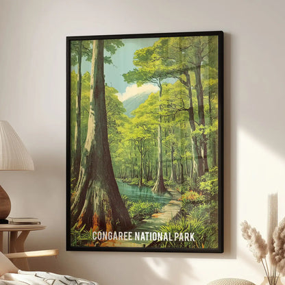 Large wall art of Congaree National Park, framed in black above a living room sofa, brings old-growth greens into a bright seating space.