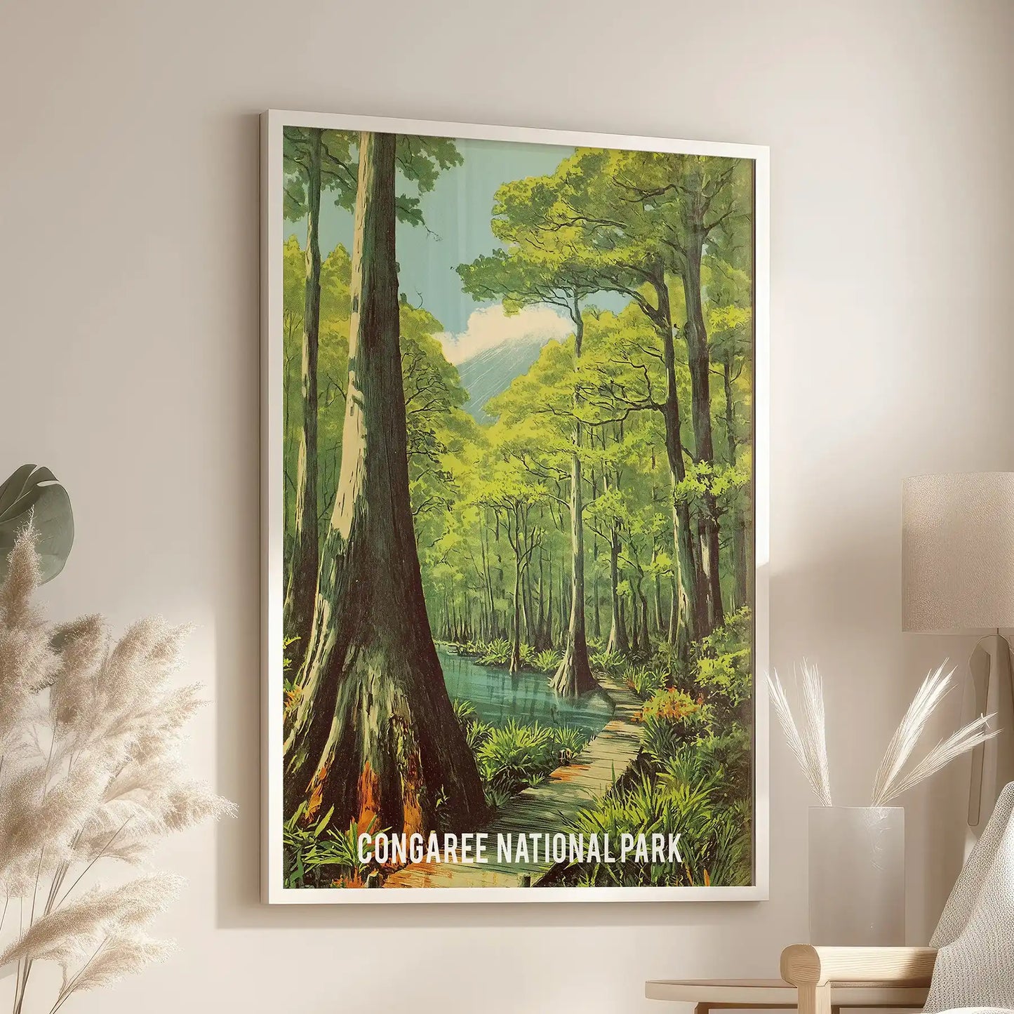 Statement wall art of swamp-forest cypress trees in a white frame settles over the family-room reading chair, filling the space with cool boardwalk shade.