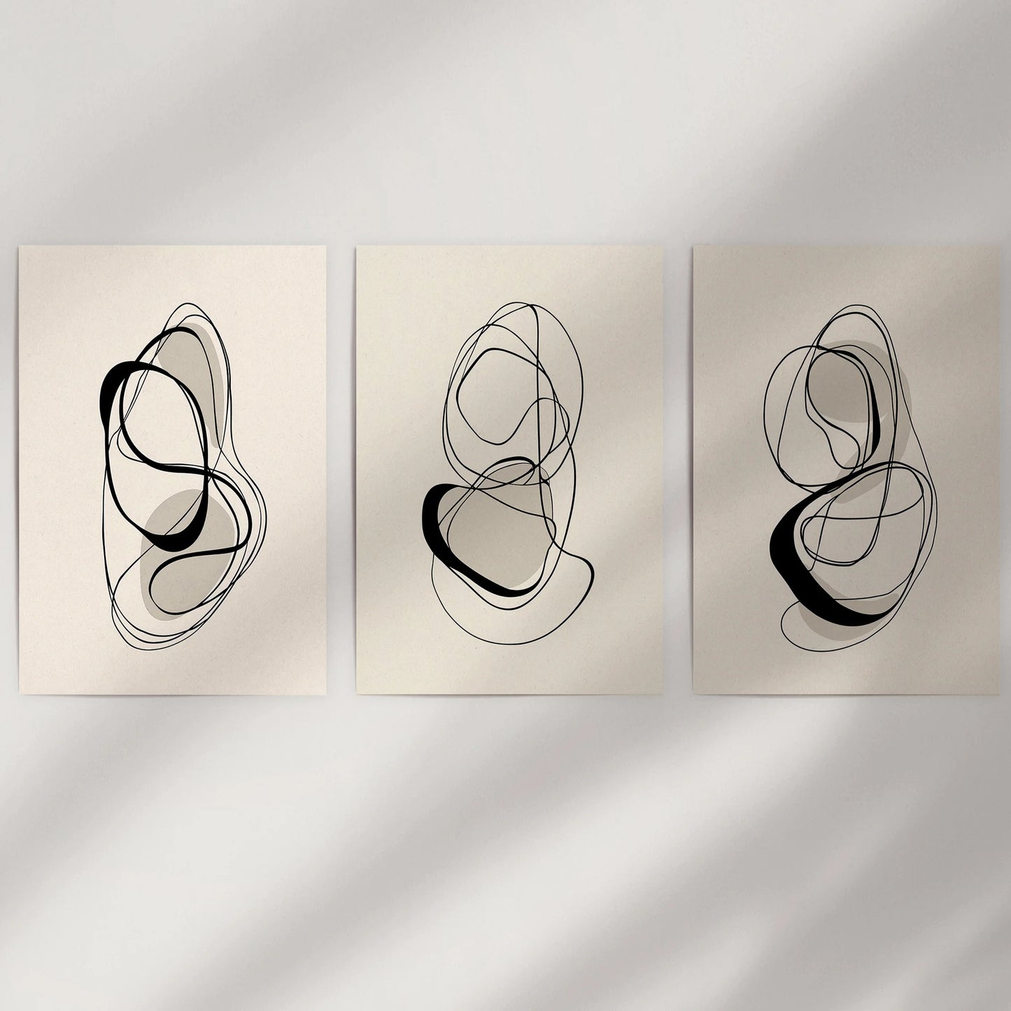 Minimalist contour sketches, wall art set of 3 unframed prints, ready to fill a blank wall with understated black-and-beige rhythm and balanced negative space.